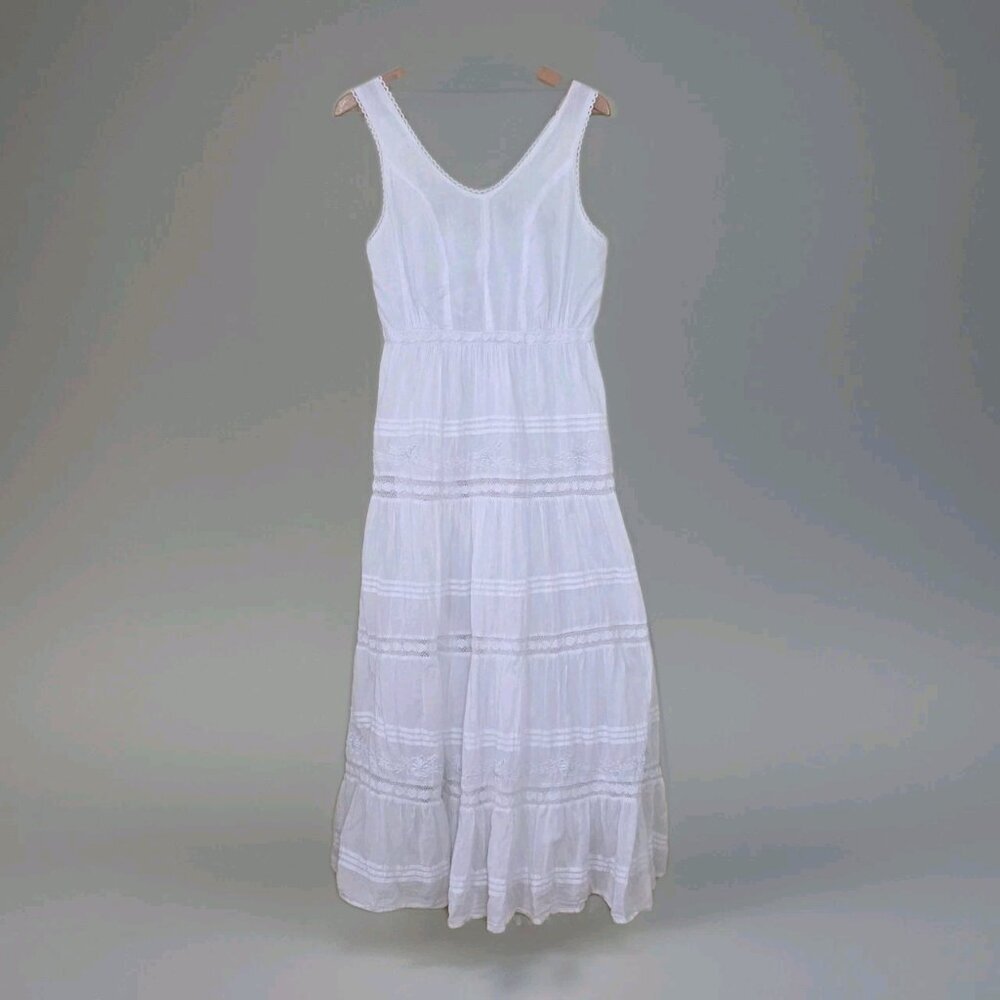 Vasna Cottage Fairy Dress Womens L White Lined Embroidery Tiered Cotton Summer
